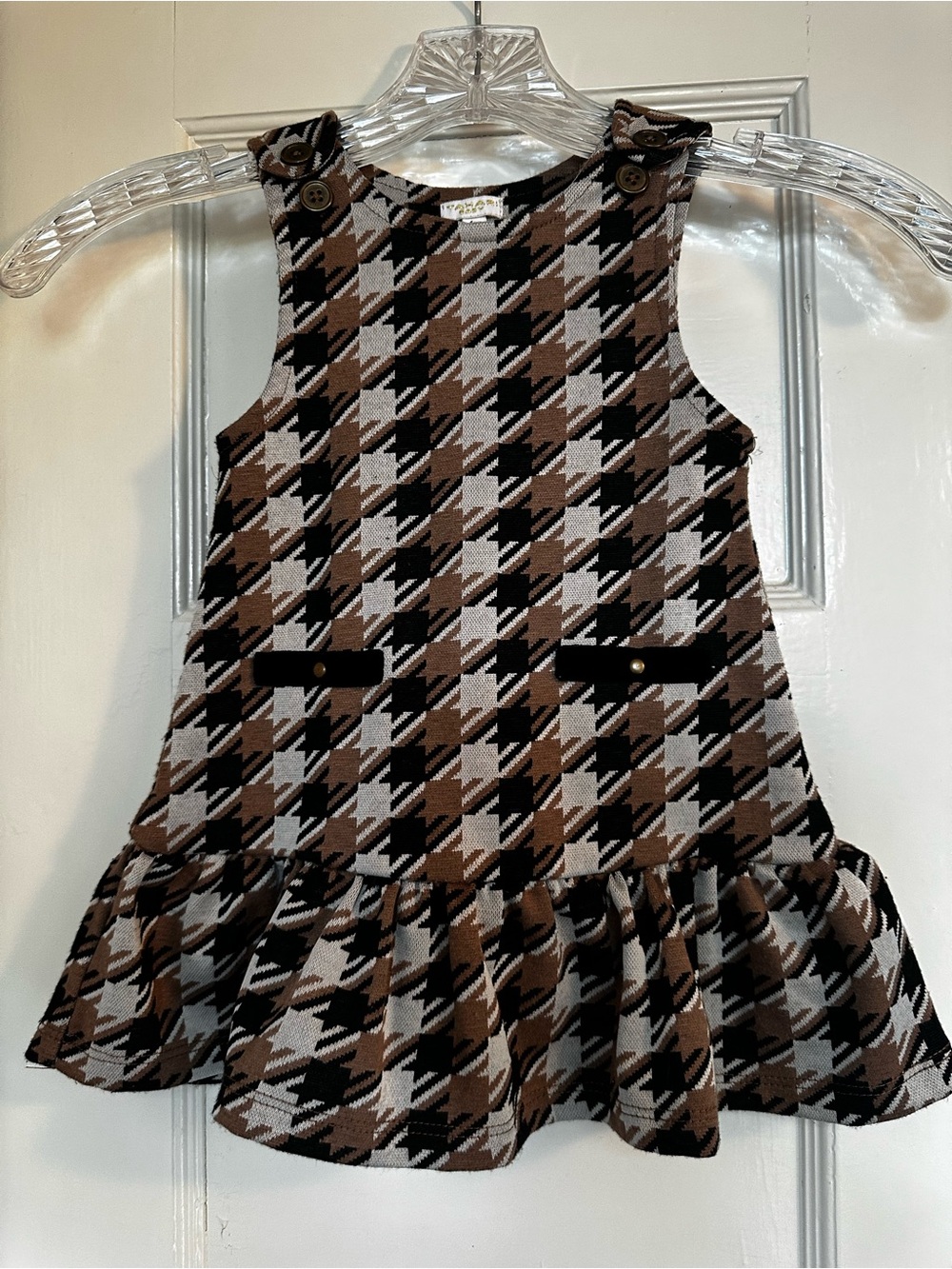 Tahari Girls Houndstooth Ruffle Pinafore Dress - Brown, Black & Cream 18months